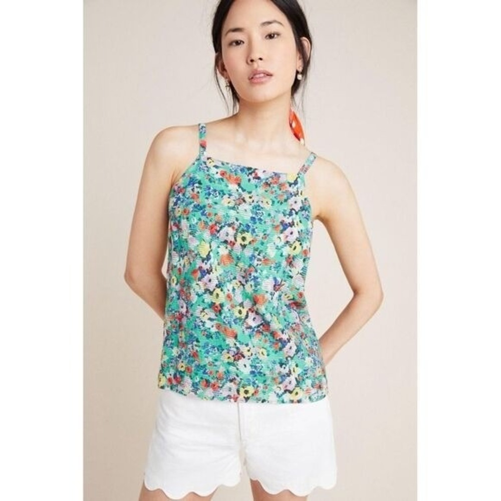Anthropologie Maeve Quinn Textured Cami Tank Green Floral Size 12 Large UK 16